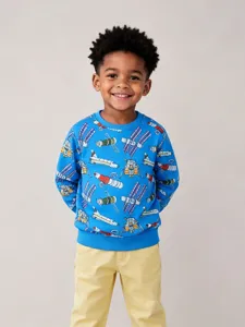 Jongens Casual Katoen Sweatshirt Cartoon Raket Ruimte All Over Print Ronde Hals Lange Mouw Top Voor Kinderen Pullover