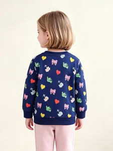 Fille mignon nœud cœur imprimé col rond sweat-shirt à manches longues, top enfant automne