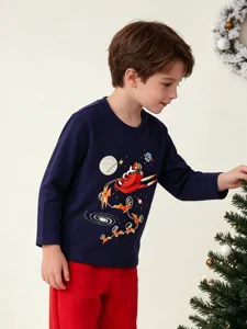 Kinderen Katoen Ronde Hals Lange Mouw Top Casual Gedrukt Grafische Tee Baby Ruimte Kerstmis Cartoon Shirt Voor Herfst