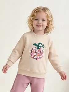 Girls Western Style Cotton Long Sleeve Sweatshirt Cute Pumpkin Applique Embroidery Round Neck Pullover Top Kids Casual Clothing
