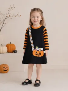 Autumn girls Halloween long sleeve dress with cute pumpkin bag print, comfortable knit cotton.