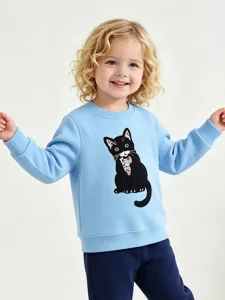 Meisjes Schattige Kat Patch Sweatshirt Katoen Lange Mouw Pullover Ronde Hals Sport Top Voor Kinderen Casual Sweatshirt