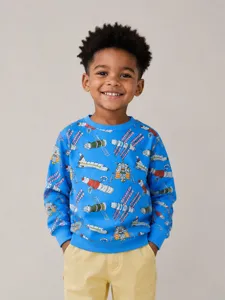 Jongens blauwe ruimte raket print ronde hals sweatshirt lange mouw peuter kind top