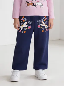 Westlicher Stil Mädchen Baumwolle Gestickte Gerade Hose Cartoon Einhorn Lockere Hose Für Kinder Täglich Elastischer Bund Lässige Hose