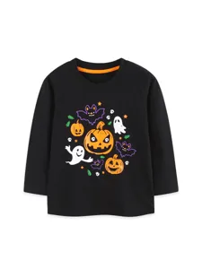 Kids black long sleeve t-shirt with cute Halloween pumpkin and ghost print for boys autumn wear.