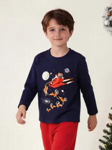 Jongens longsleeve t-shirt met leuke ruimte kerstprint, comfortabele katoenen top.