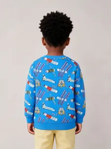 Jongens blauwe raket all-over print trui ronde hals gebreid kindershirt hoofdaanzicht