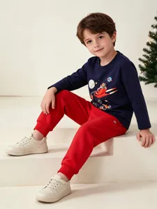 Jongens lang mouw t-shirt en rode broek set kerst ruimte cartoon bedrukte kinderkleding
