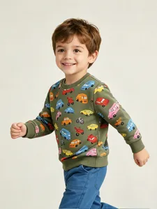 Sudadera de otoño para niño con estampado de coches, jersey de manga larga y cuello redondo.