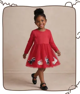 Adorable long-sleeve girls red mesh dress featuring cute cat appliques and princess style.