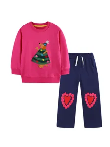 Kids autumn tracksuit set, hot pink crewneck sweatshirt with cute Christmas tree patch and pants.