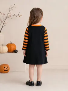 Autumn girls long sleeve Halloween dress, black and orange striped knit dress for kids wear.