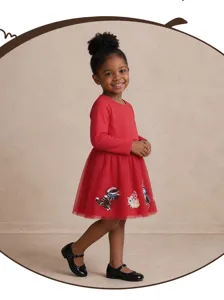 Cute red long sleeve dress for girls with mesh skirt and lovely animal embroidery details.
