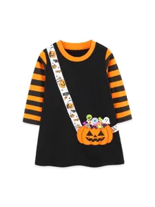 Halloween Girls Long Sleeve Dress Black Orange Striped Pumpkin Candy Cute Children Skirt