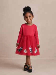Red long-sleeve toddler girls mesh princess dress with cute cat appliques, autumn main image.