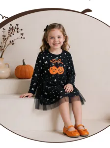 Abito a maniche lunghe in tulle per bambina, autunno, con ricamo di zucca per festa di Halloween.