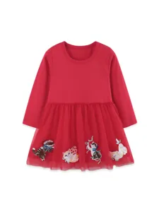 Red long sleeve toddler girls mesh dress featuring cute cat embroidery and tulle princess style