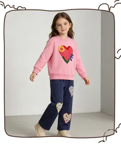 Kids pink sweatshirt and navy sweatpants set with cute colorful heart appliques for girls autumn.
