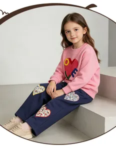 Kids autumn tracksuit set pink crewneck sweatshirt with heart patch and navy straight pants.