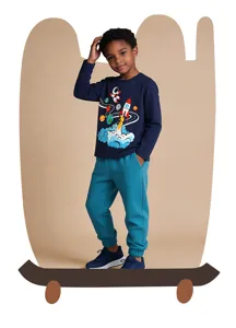 Set t-shirt manica lunga e pantaloni bambini, stampa razzo spaziale ragazzo autunno casual.