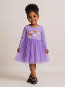 Vestito da Bambina con Stampa Arcobaleno e Unicorno Manica Lunga Autunno Stile Occidentale Abiti da Principessa in Mesh per Feste di Bambini