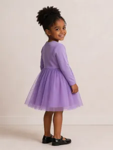 Bellissimo vestito a rete viola a maniche lunghe per bambine, stile carino per bambini.