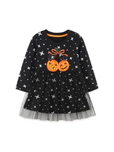 Abito nero maniche lunghe Halloween bambina con simpatiche zucche ricamate e tulle.