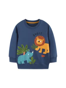 Boys long sleeve sweatshirt with cute cartoon animal print and roar text for autumn season.