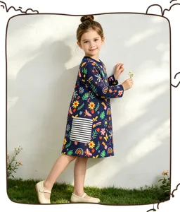 Girls long sleeve cartoon print dress with cute pocket, soft knit cotton for autumn wear.