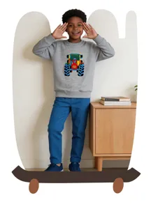 Felpa grigia da ragazzo con ricamo trattore colorato dettaglio top a maniche lunghe.