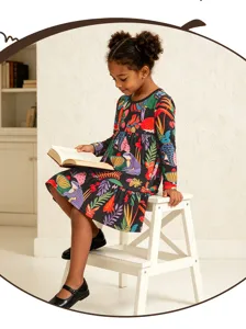 Abito a maniche lunghe da bambina stampa botanica autunno principessa casual chic