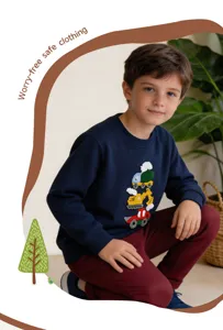 Dettaglio felpa in cotone da ragazzo con ricamo di camion e comodo scollo rotondo.