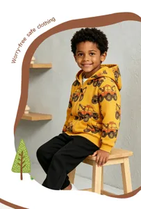 Detalle sudadera con capucha niño, estampado camión obra otoño, ropa exterior casual.