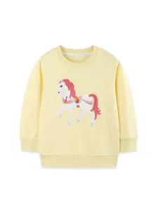 Cute kids yellow sweatshirt with unicorn embroidery, casual round neck pullover for daily wear.