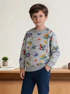 Kinder Westlichen Stil Auto Druck Sweatshirt Casual Rundhals Pullover Langarm Baumwolle Top Für Jungen Mädchen