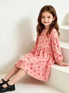 Kids cute pink heart print long sleeve dress sweet princess dress for little girls autumn