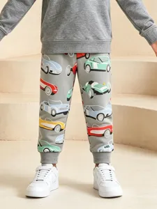 Pantalones de Chándal Casuales para Niño Estilo Europeo Estampado de Coches Animados Pantalones Jogger de Algodón para Niños Pequeños