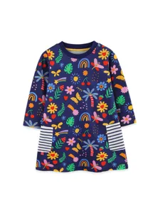 Girls long sleeve dress featuring colorful cartoon floral and plant prints with striped pockets for autumn.