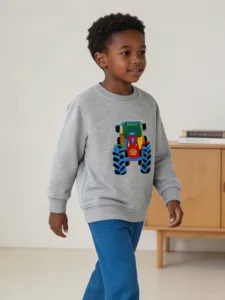 Felpa Bambino Grigia in Cotone con Ricamo Trattore Maniche Lunghe Top Autunno Ragazzo