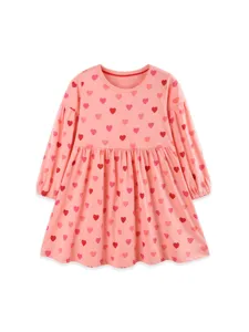 Cute pink baby girl long sleeve dress with lovely allover heart print, sweet princess style.