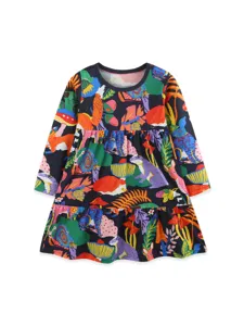 Abito da bambina a maniche lunghe con stampa animale colorata, grazioso vestito autunnale.