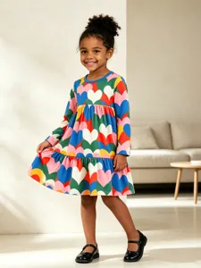 Παιδικό μακρυμάνικο φόρεμα με χρωματιστή καρδιά στάμπα για κορίτσι πριγκίπισσα πάρτι