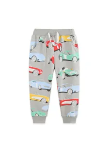 Pantalón deportivo casual para niño con lindo estampado de coches retro, cintura elástica.