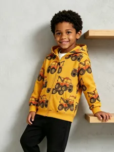 Sudadera con capucha de otoño para niño con divertido estampado de vehículos, chaqueta con cremallera.
