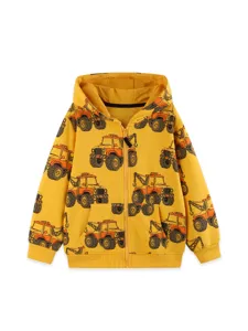 Sudadera con capucha y cremallera para niños con estampado de camiones, ideal para otoño.