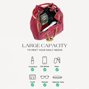 Detailed view of the sparkly pink bucket bag interior showing large daily storage capacity.