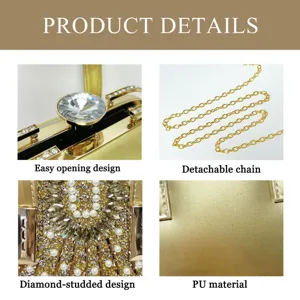 Detailed view of women evening bag featuring rhinestone decor, detachable chain and PU material.