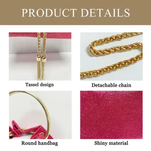 Detail view of women shiny evening handbag featuring tassel design and detachable chain.