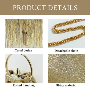 Gold evening bag with tassel design, detachable chain, round metal handle and shiny material.