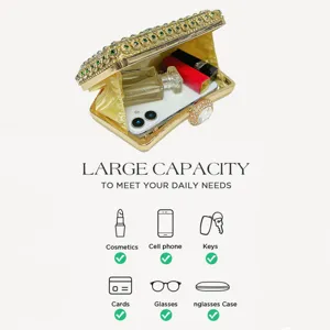 Exquisite rhinestone evening clutch bag detail view showcasing large capacity for phone and cosmetics.